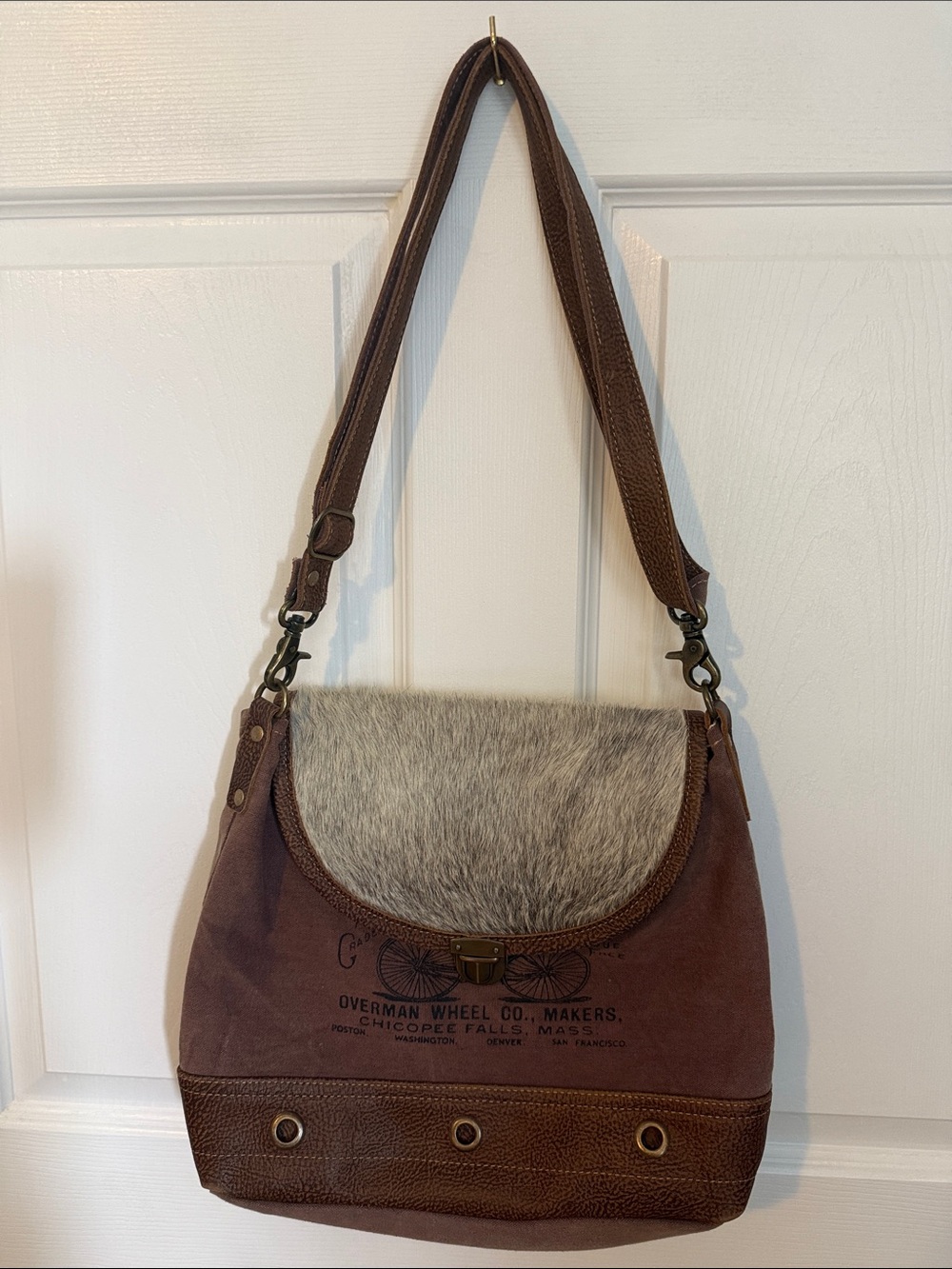 Myra Bag Brown Shoulder Bag with Gray Fur Flap